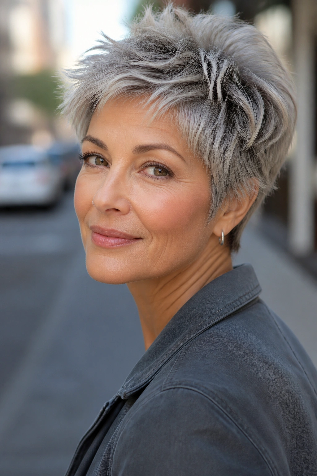 Close-up portrait of a real woman with frosted tips on a layered short haircut