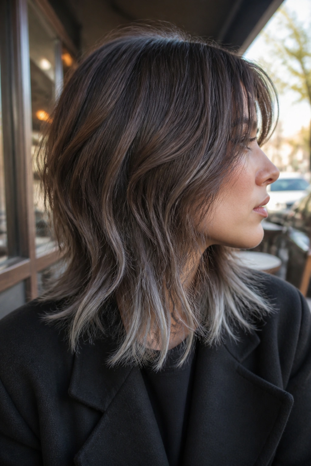 Close-up of shoulder-length hair with frosted silver tips on a real person in bright light