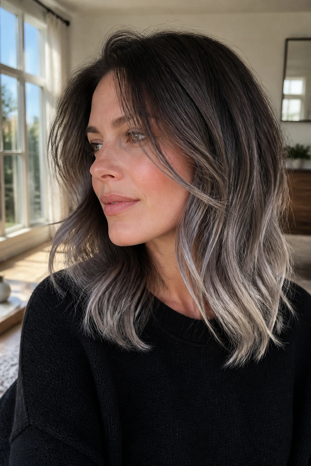 Close-up of a real woman with frosted tips on medium-length hair in a sunlit room.