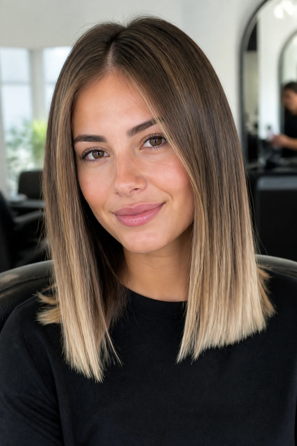 Close-up of a woman with frosted tips at the ends in a modern salon