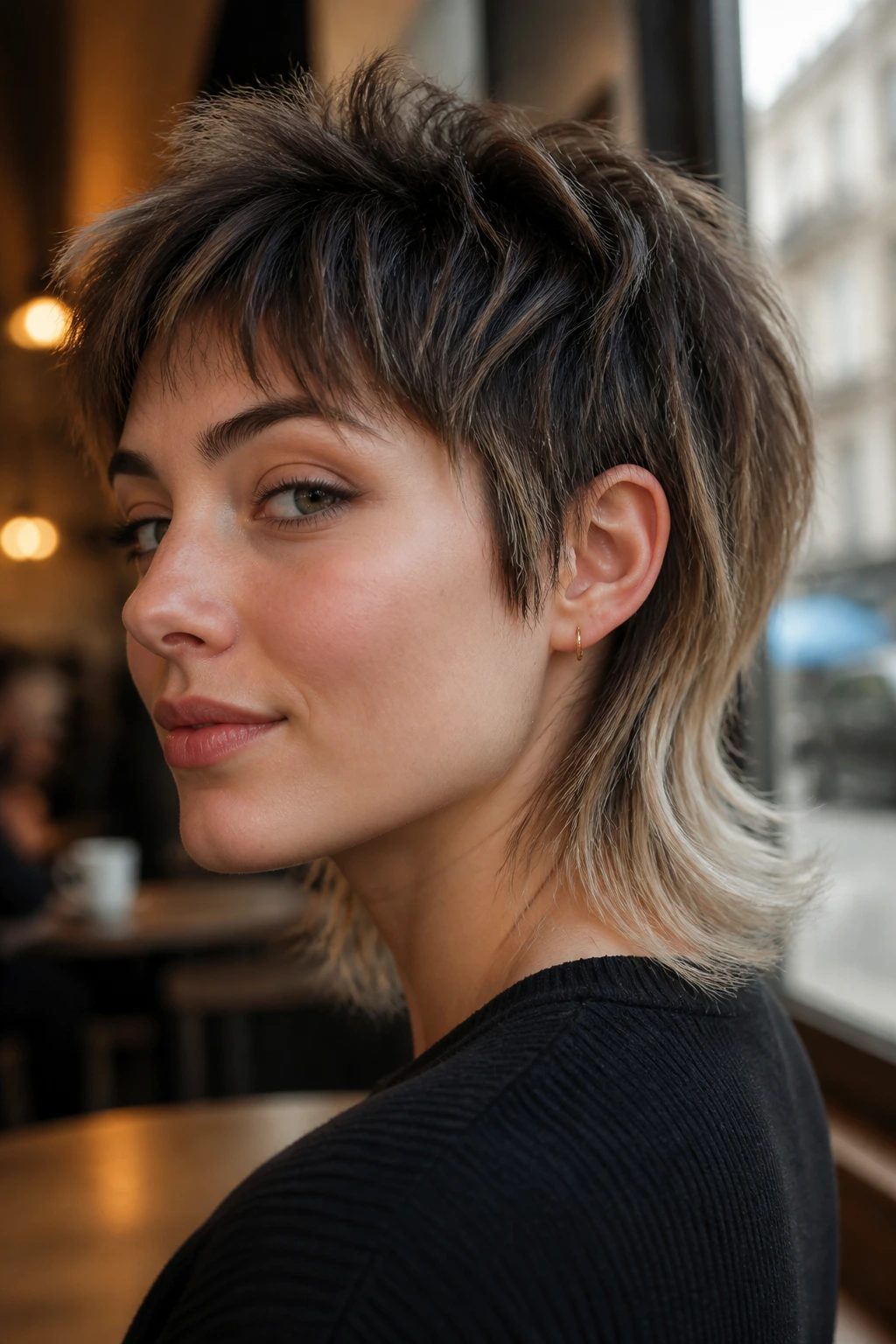 Close-up portrait of a person with frosted tips on a modern mullet in warm window light