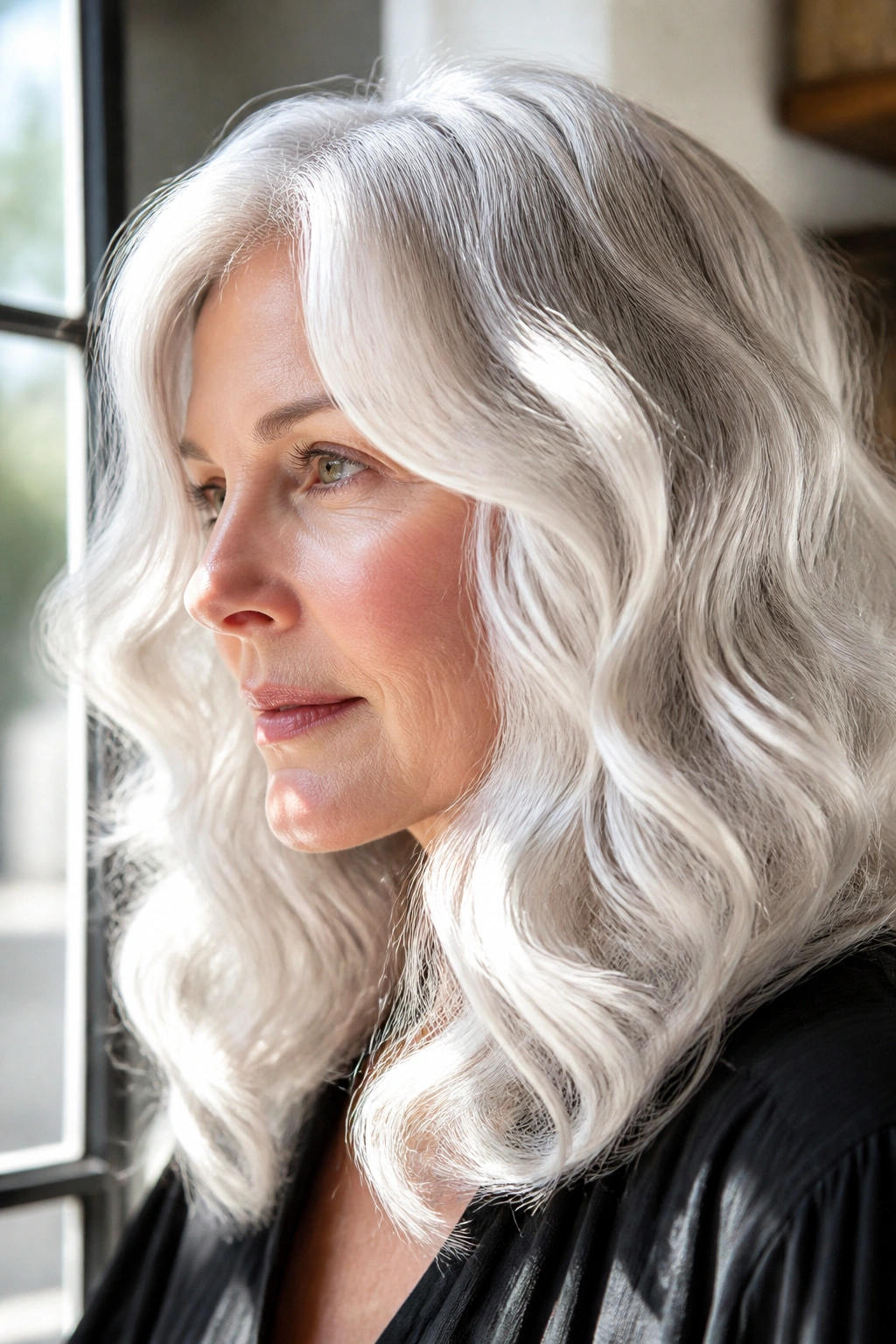 Close-up of a real woman with frosted white waves and a glossy finish
