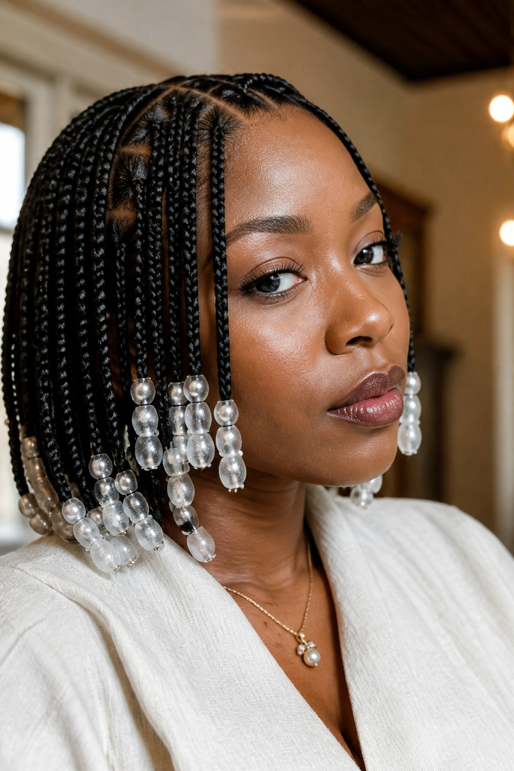 Real person with frosted white beads and pearl accents on box braids
