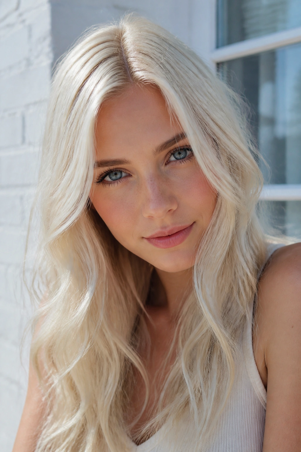 Close-up of a woman with cool vanilla blonde hair in bright daylight