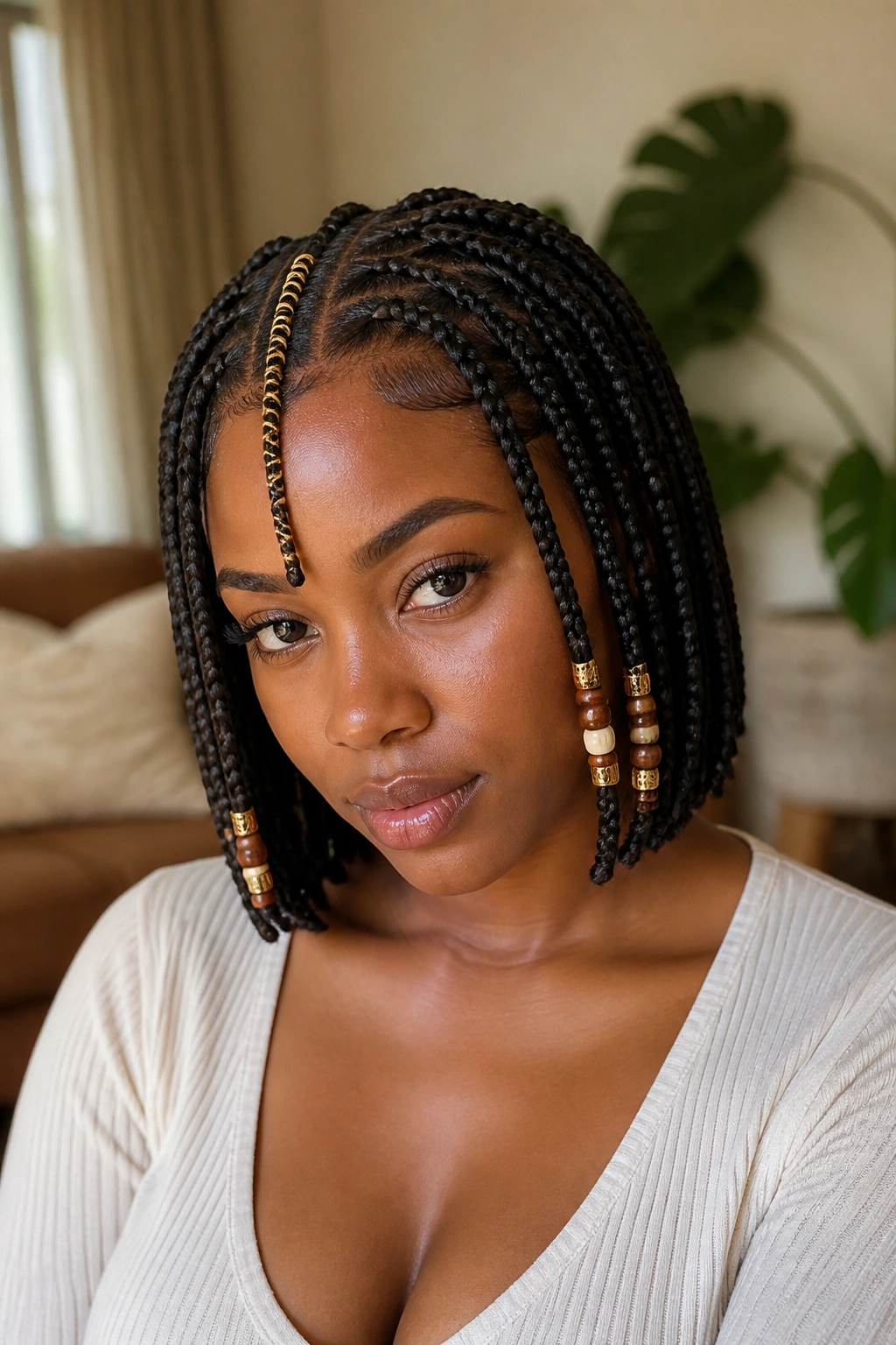 Close-up of a real woman with Fulani-inspired accent braids and beads