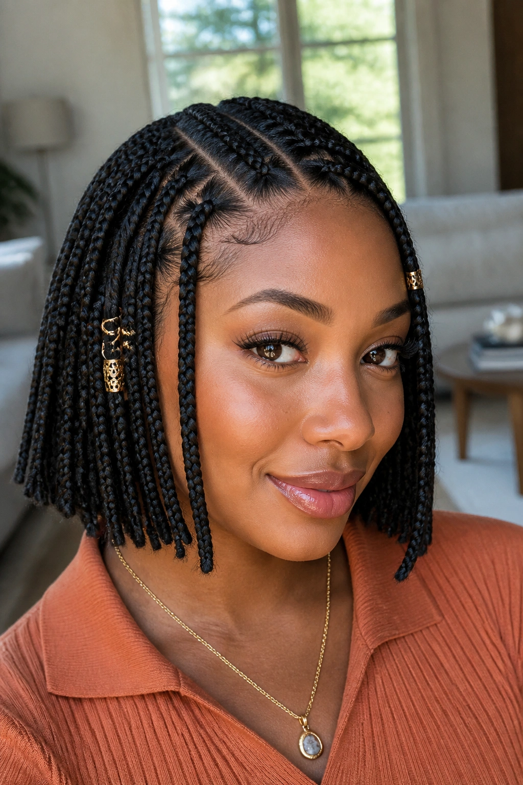 Portrait of a real woman with Fulani-inspired bob braids and temple beads