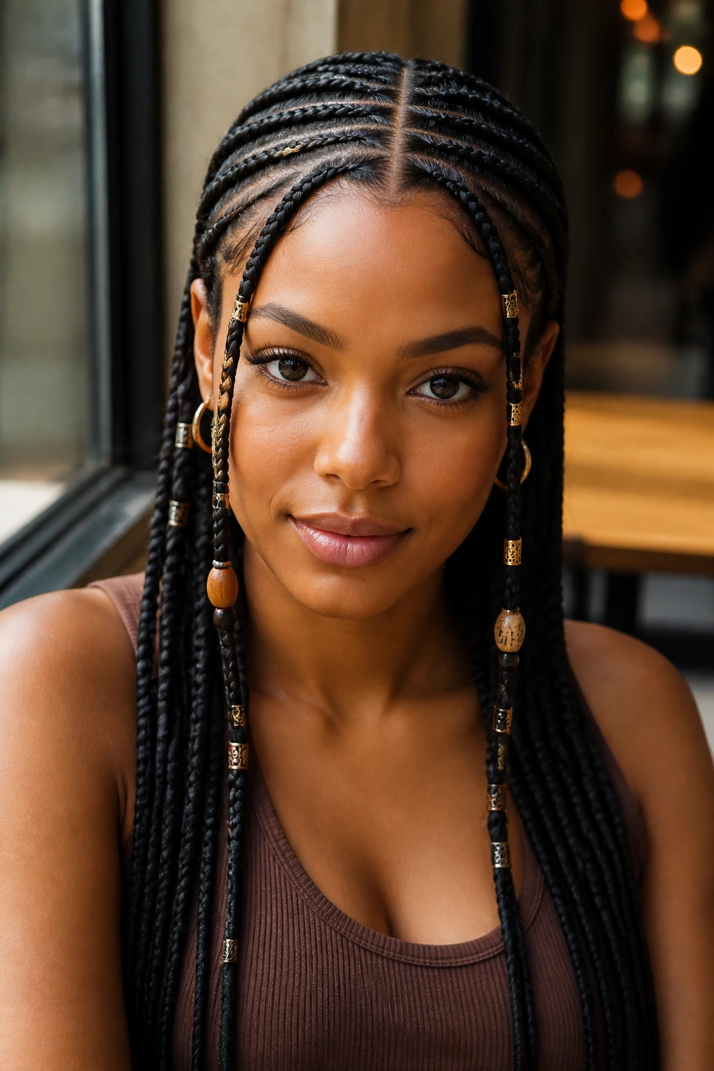 Woman with central-part Fulani braids and beads in a cafe setting