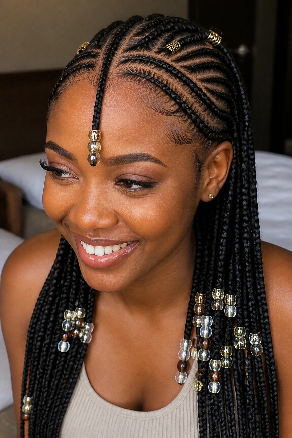 Close-up of a real person with Fulani braids beads and side details