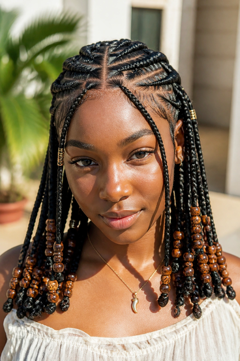 Real woman wearing Fulani braids with beads and clean parting.