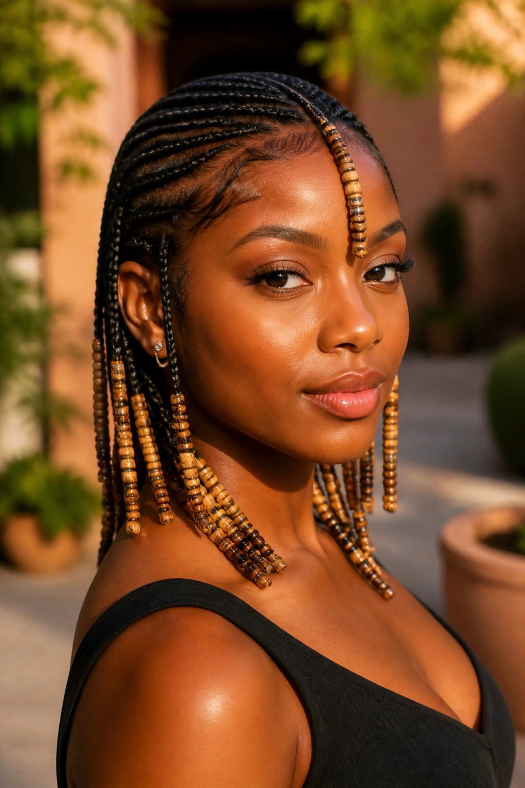 Real woman with Fulani braids and beads on the ends