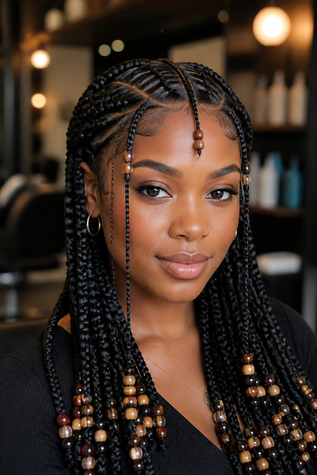 Close-up of a real woman with fulani-inspired goddess braids with beads.