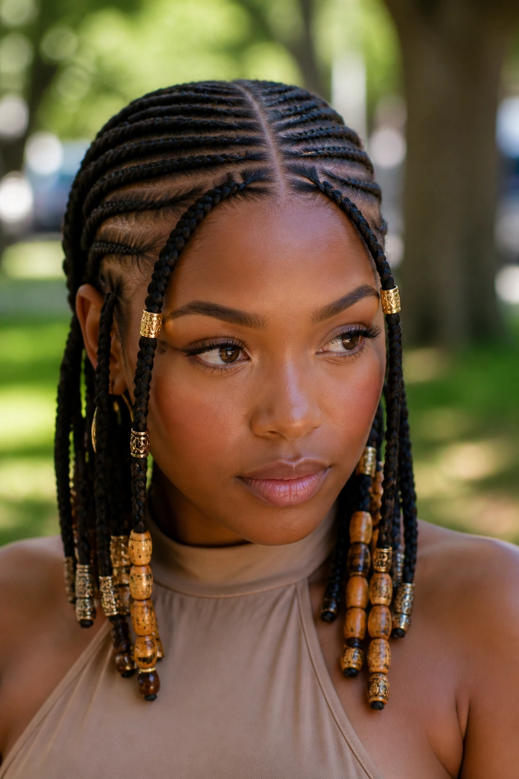 Close-up of a real woman wearing Fulani-inspired braids with beads.