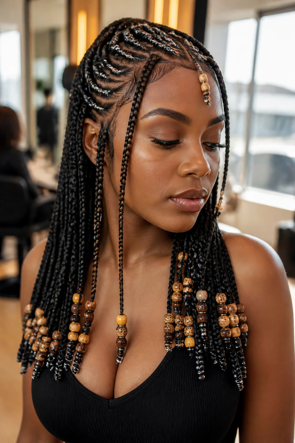 Close-up of a woman with Fulani braids and beads