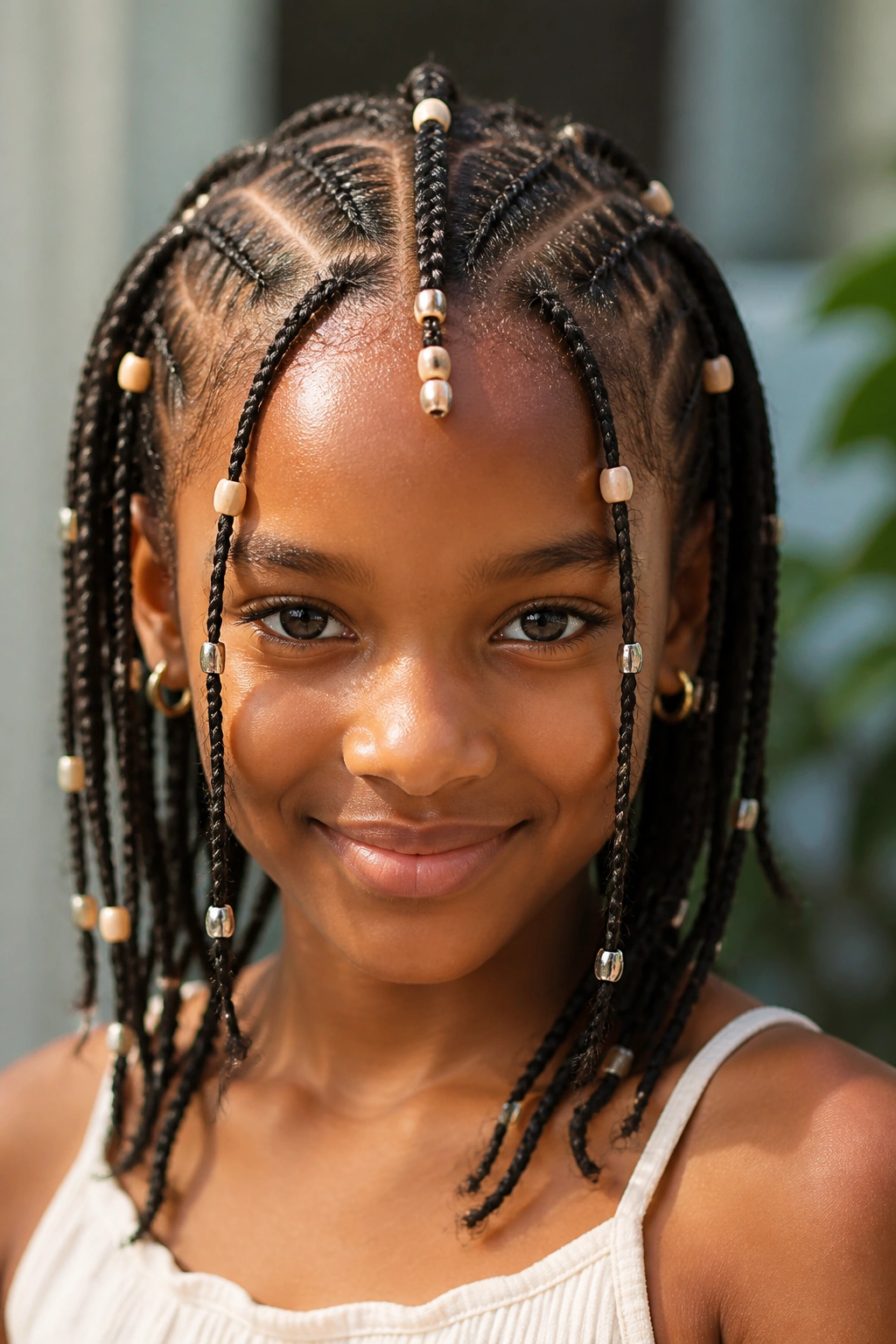 Close-up of a child with Fulani-inspired braids and small beads framing the face