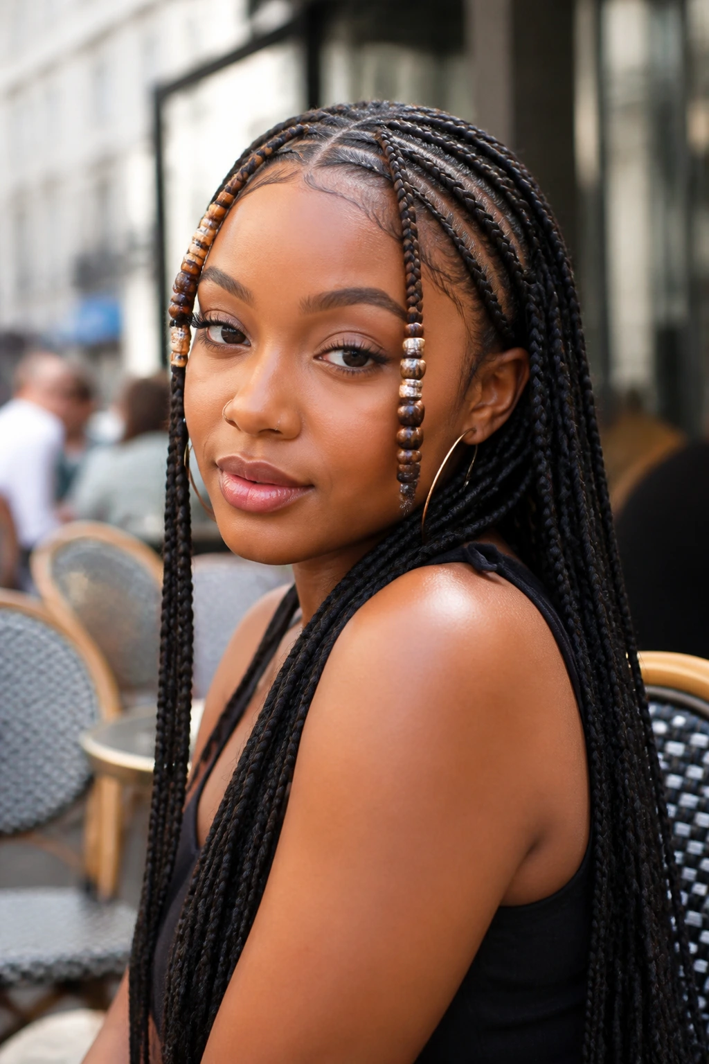 Close-up of a real woman with Fulani braids including beads