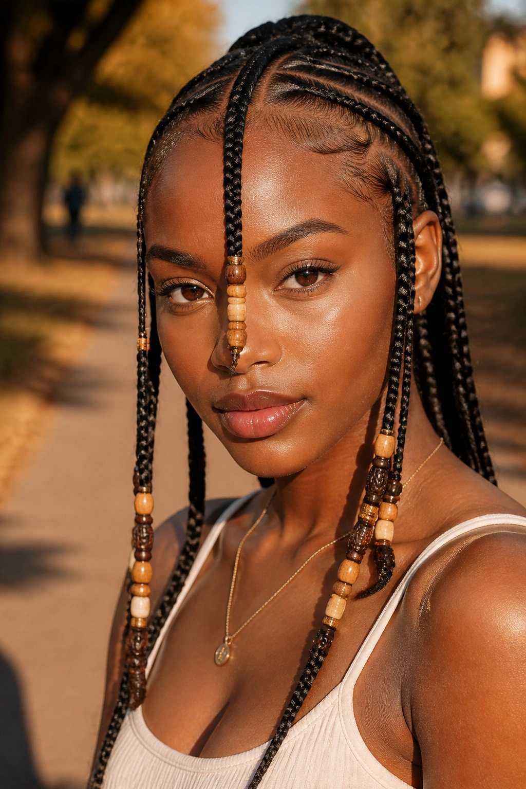 Close-up of woman with Fulani braids and beads in park sunlight