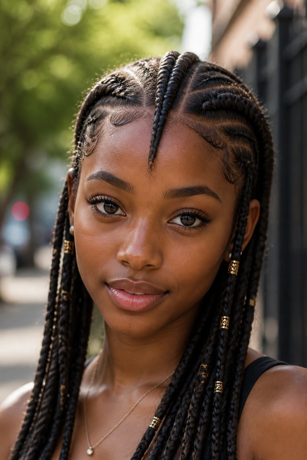 Close-up of Fulani braids with a center braid and side details framing the face