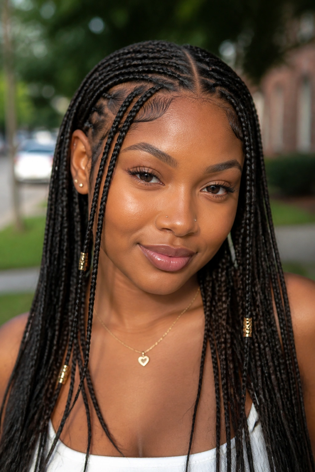 Close-up of a woman with Fulani braids in daylight