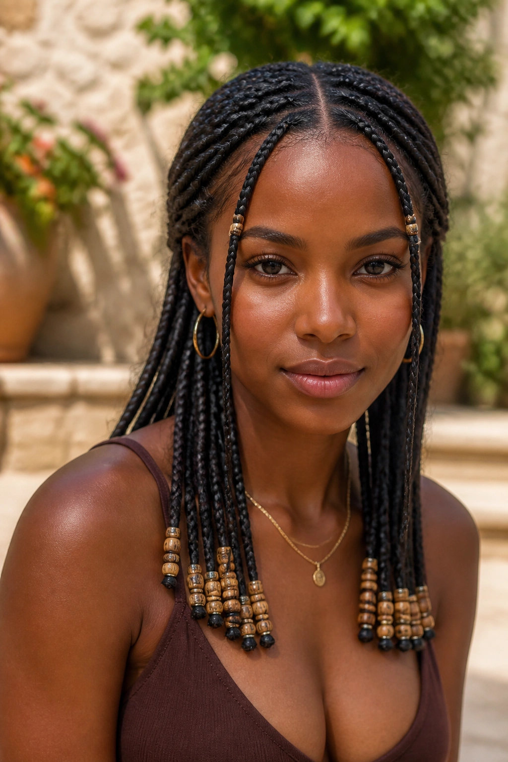 Close-up of a real woman with Fulani-inspired center-part braids and beads