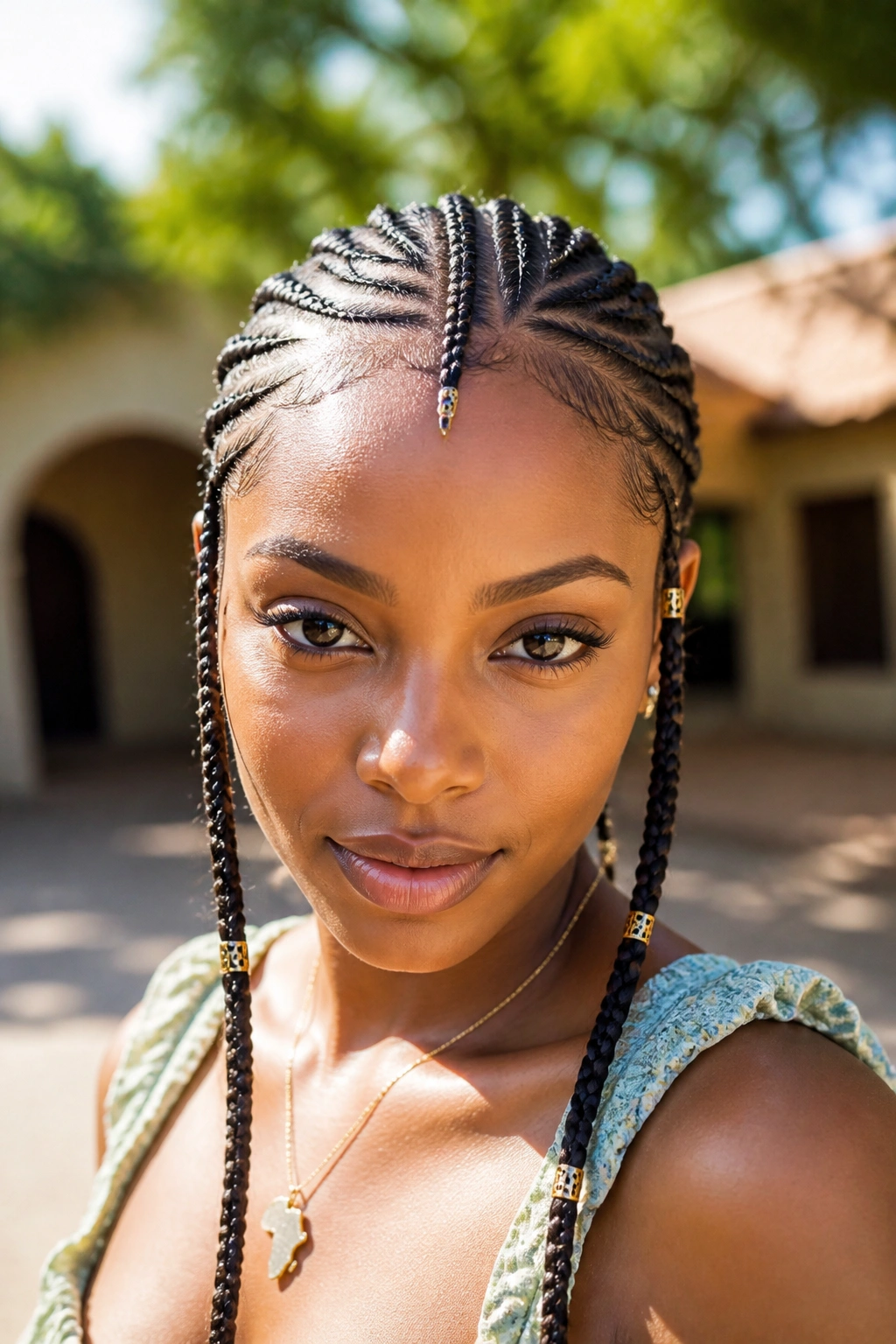 Close-up of a real Black woman with central Fulani-inspired braid and side framing braids