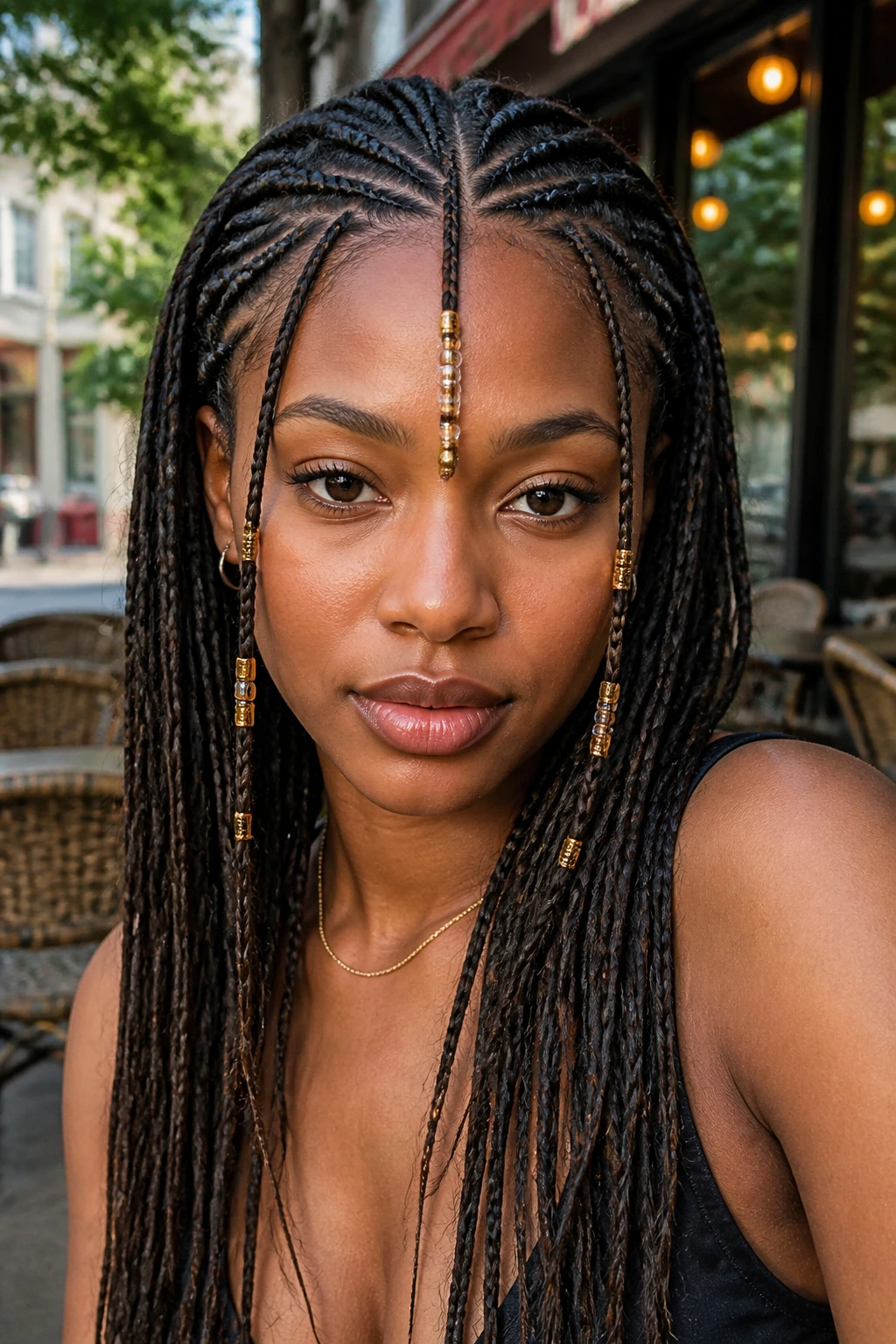 Real woman with Fulani-inspired micro braids featuring a center front braid and beads.