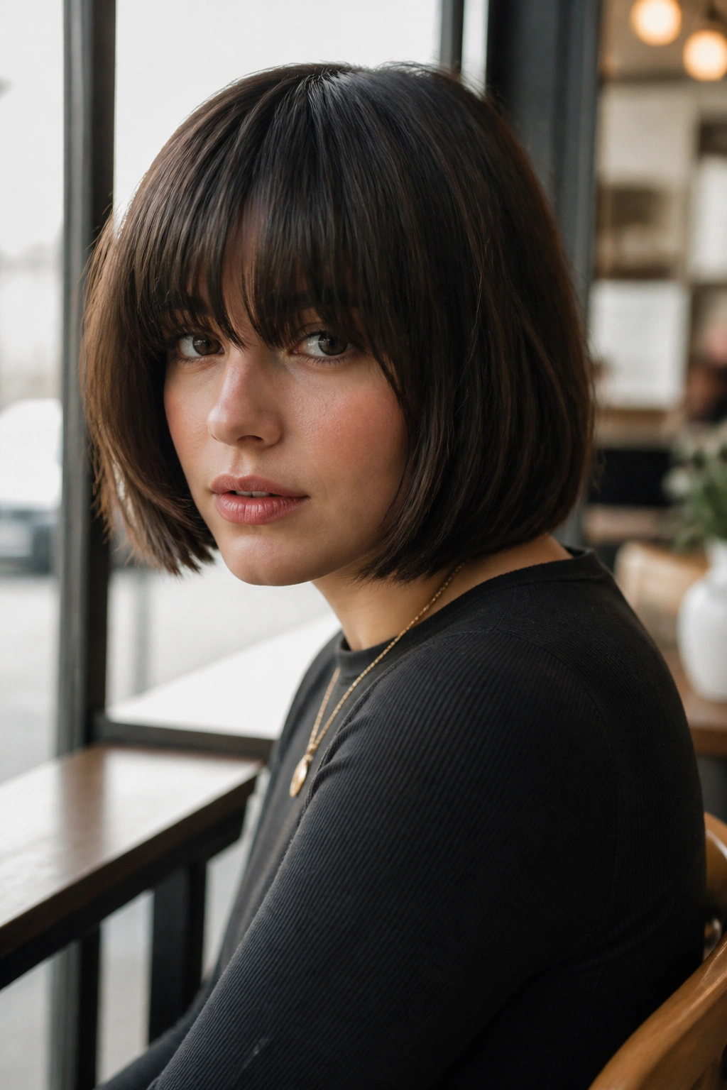 Close-up of a real woman with full bangs French bob in bright natural light