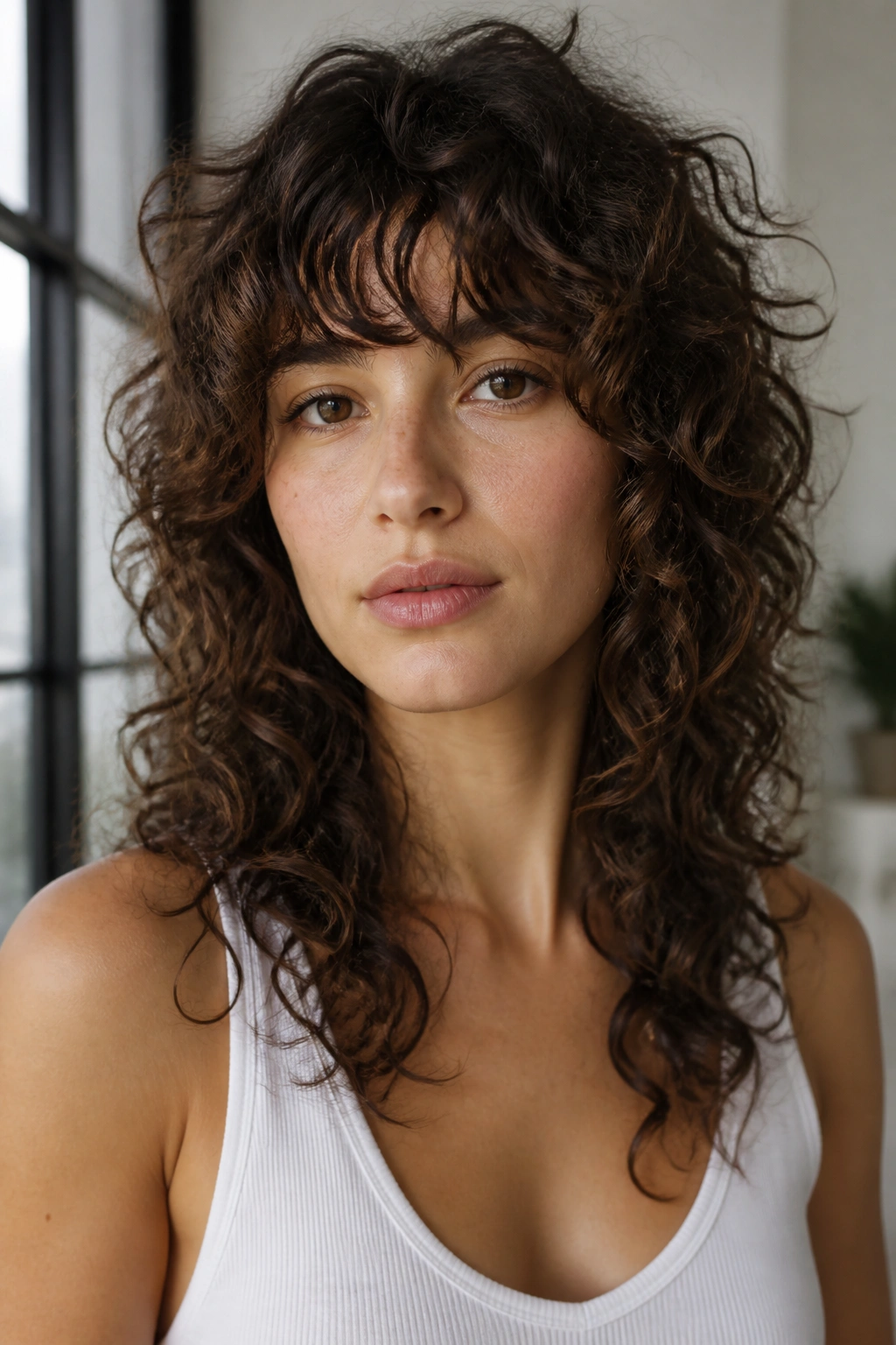 Real woman with curly wolf cut and full bangs in a bright natural-light setting.