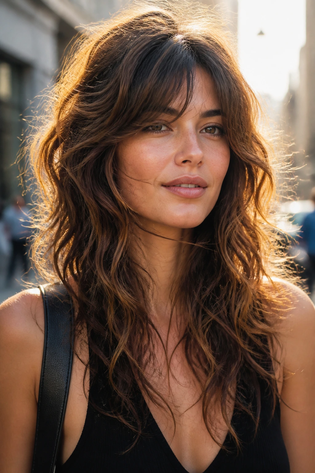 Close-up portrait of a real woman with full-body shag showing voluminous, movement-heavy hair.
