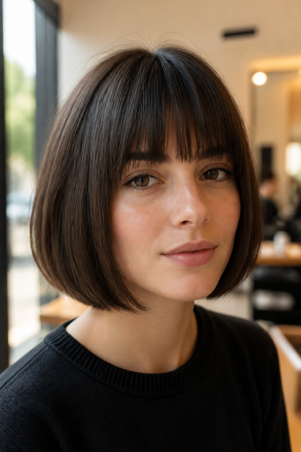 Close-up portrait of a real woman with a full blunt fringe at eyebrow level and a dense Italian bob.