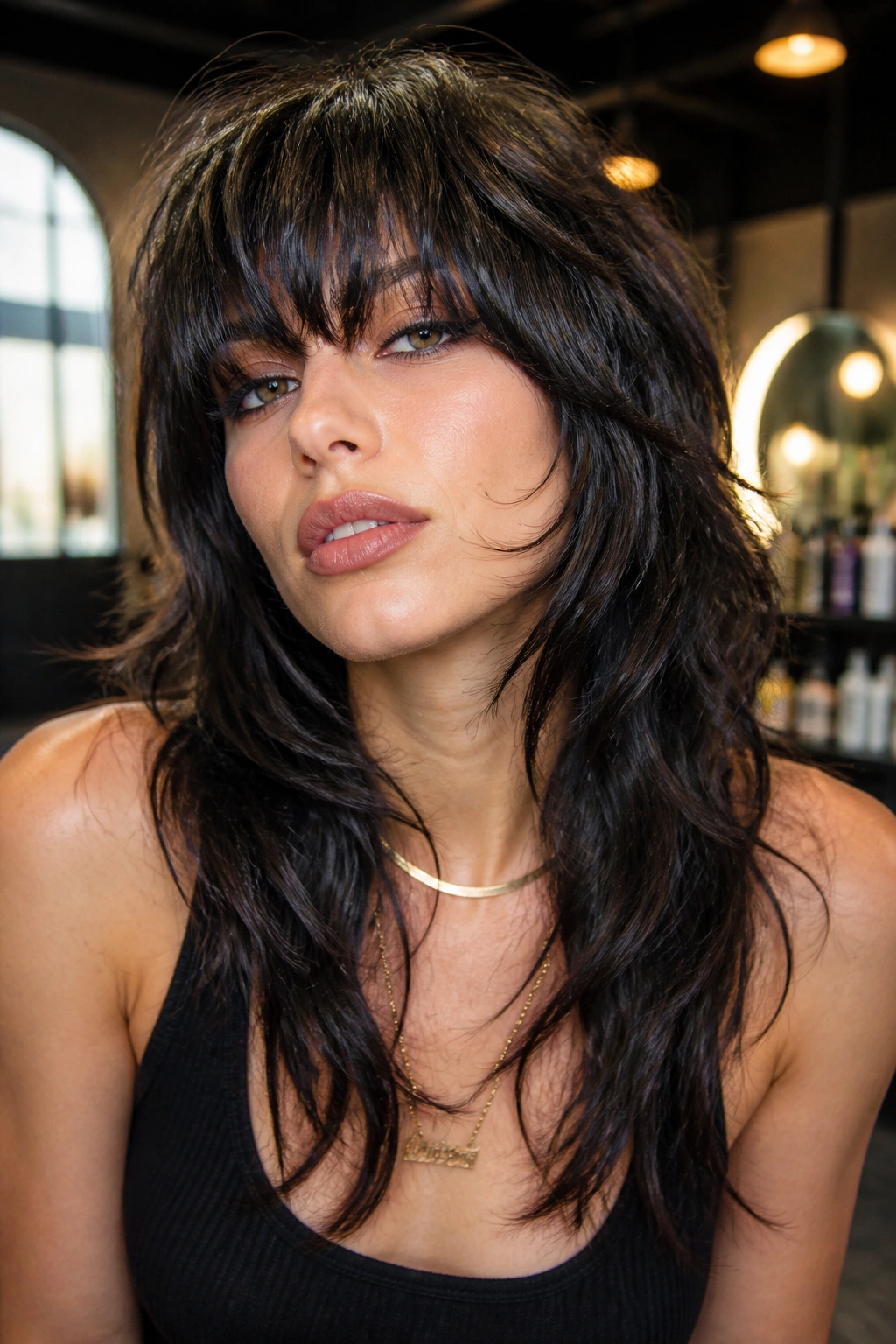 Close-up portrait of a real woman with a thick full fringe shag mullet