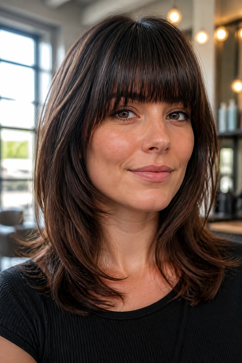 Close-up portrait of a real woman with full fringe and shoulder-skimming layers