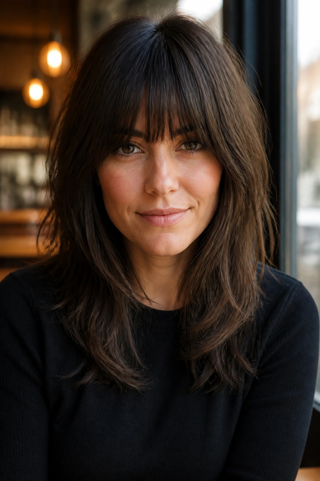 Front portrait of a real woman with a full fringe and long shoulder layers