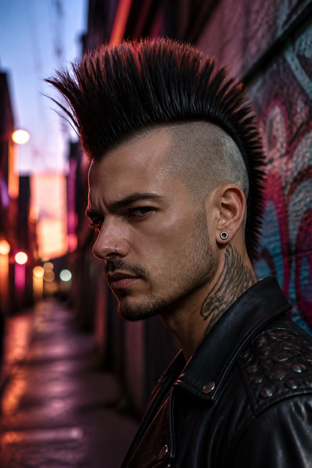 Close-up of a real person with Full Mohawk against a graffiti backdrop