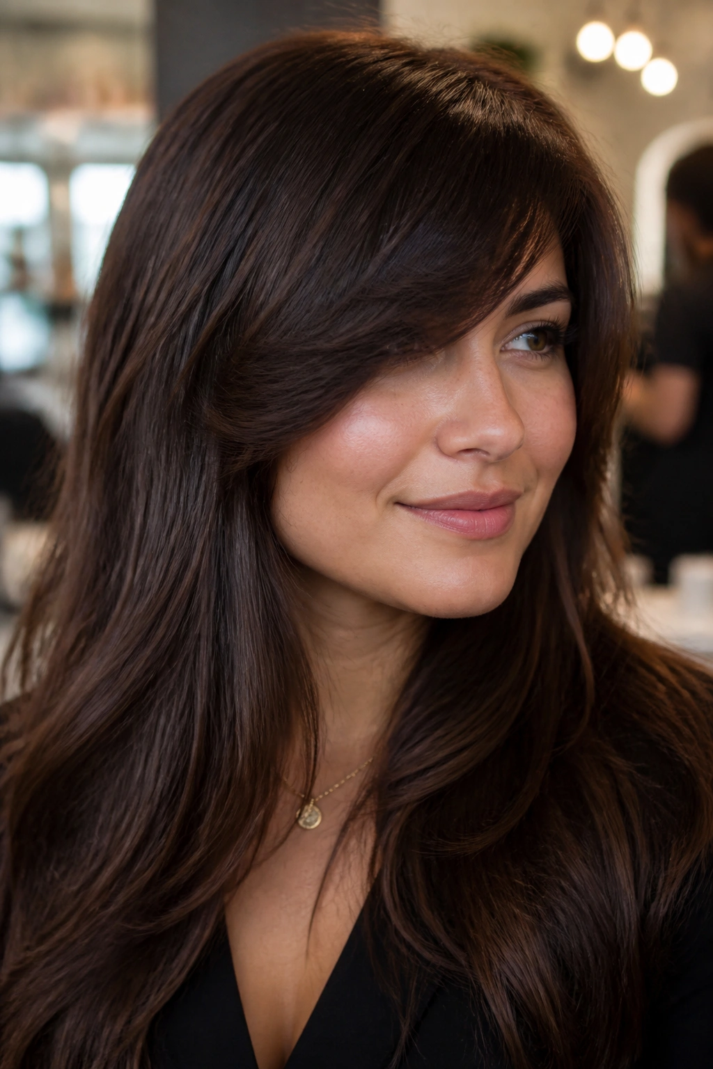 Close-up portrait of a woman with a full sweep fringe on thick hair