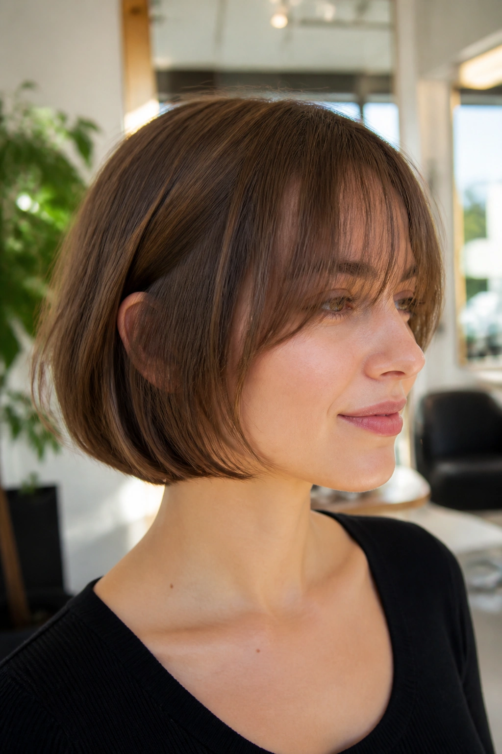 Close-up portrait of a real woman with a full-perimeter French bob for fine hair in a salon