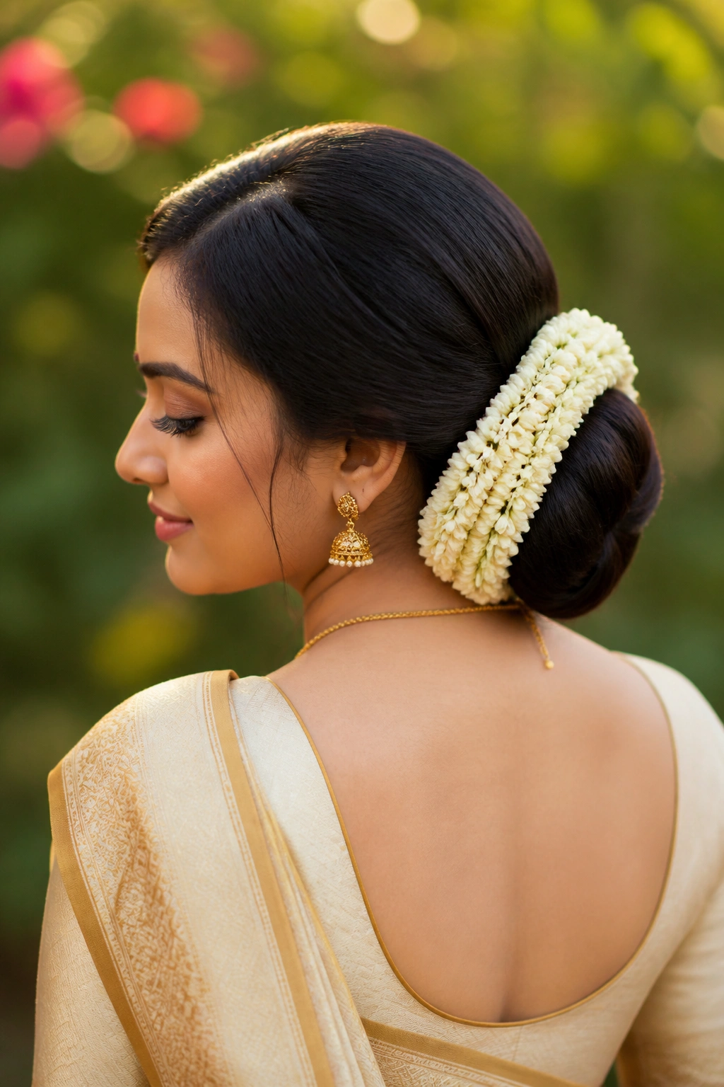 Close-up of a woman with a gajra-wrapped low bun and jasmine garland