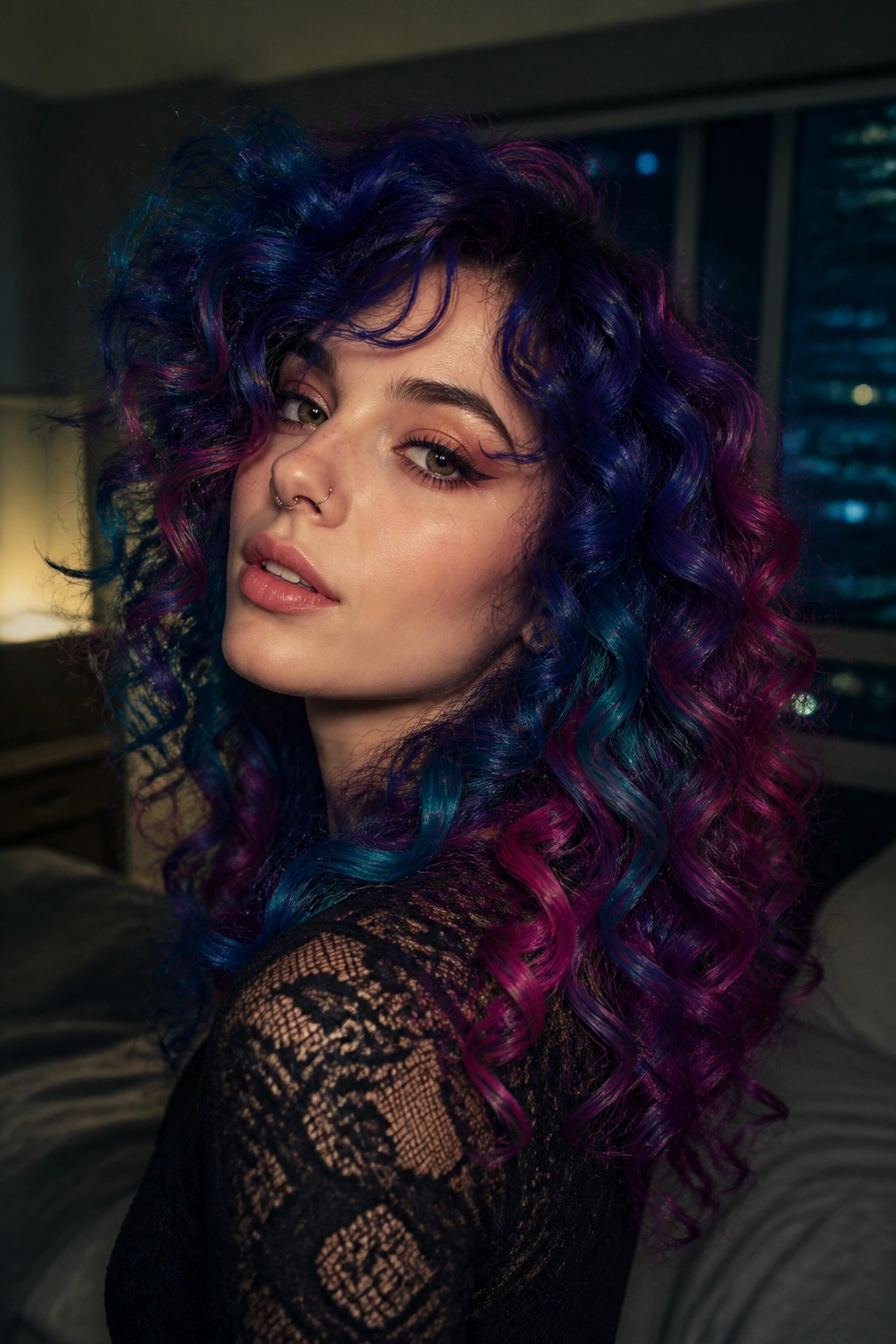Close-up of a real person with indigo teal magenta galaxy curls