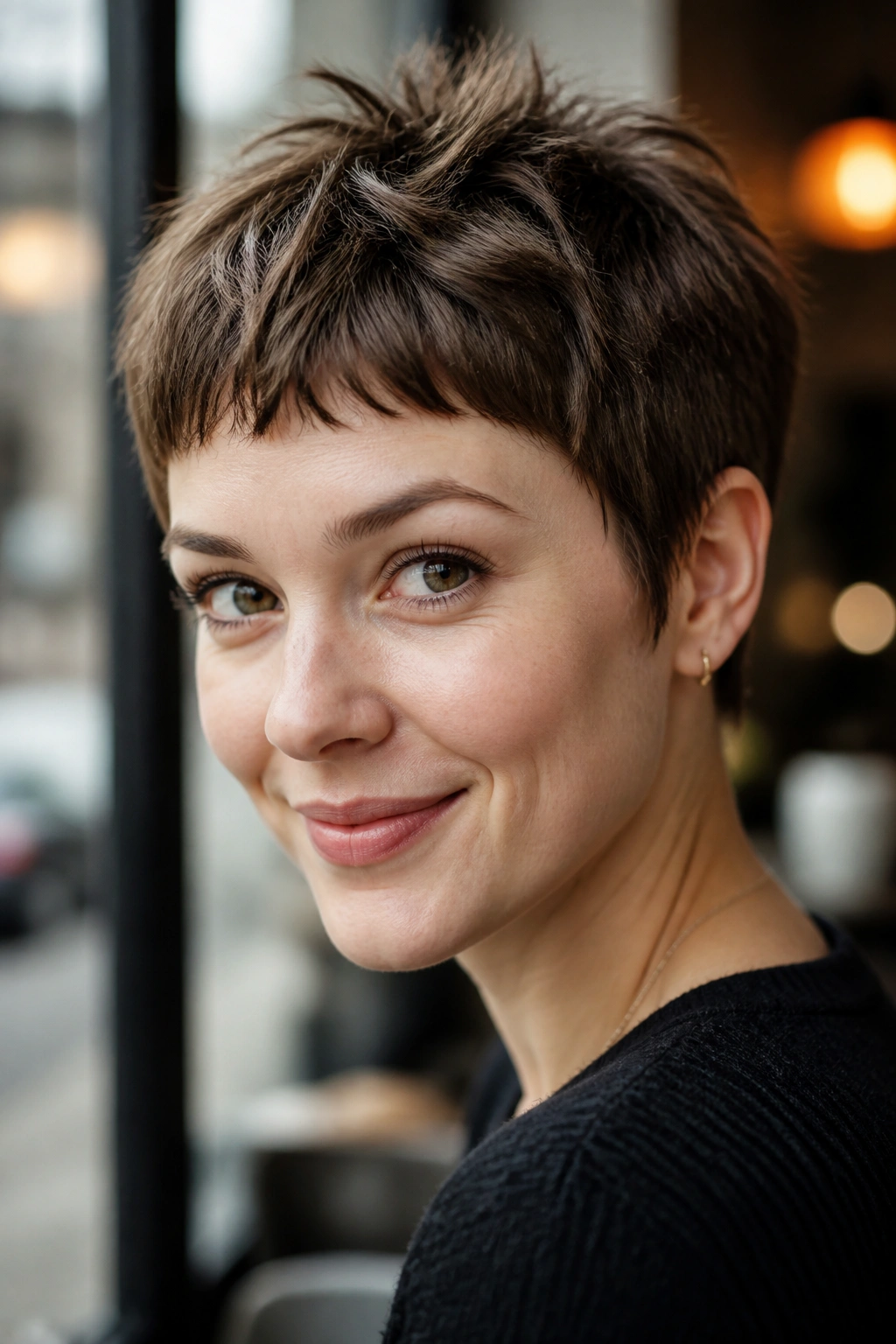 Portrait of a woman with a cropped fringe gamine pixie in cafe light