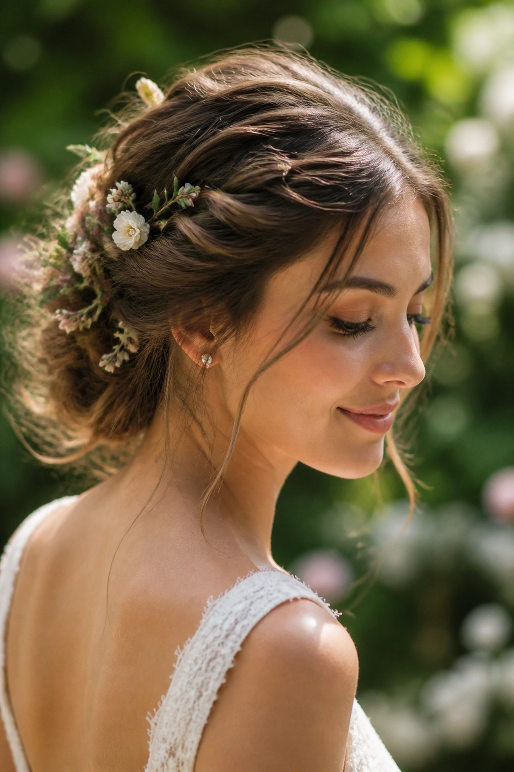 Close-up of a bride's garden-style loose updo with flowers
