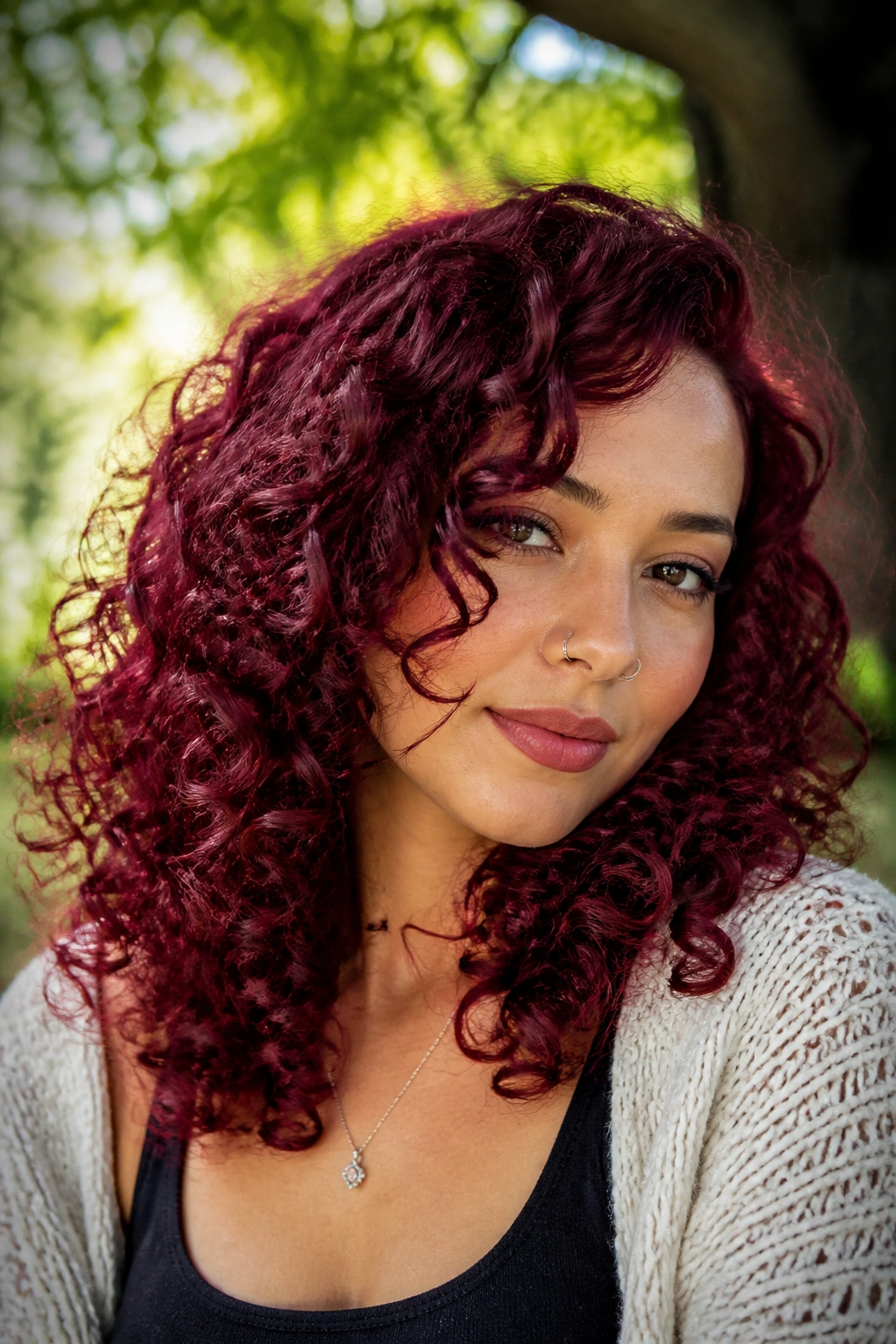 Real woman with garnet curls in a park setting