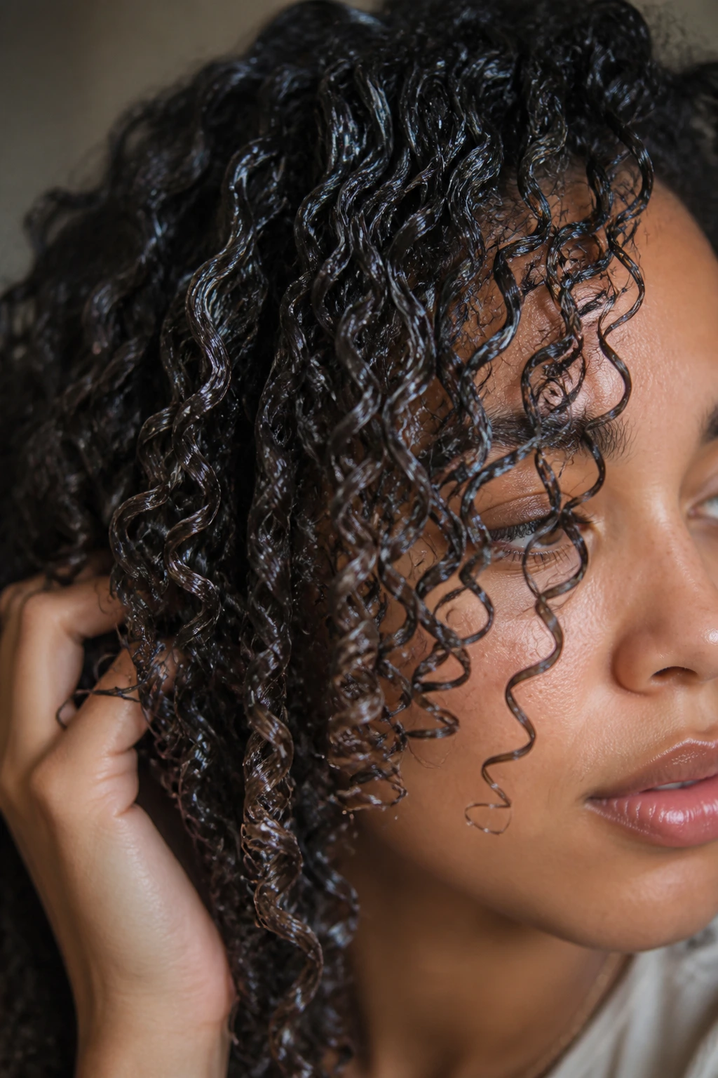 Close-up of a real person with gel cast on curls, illustrating the crunch myth