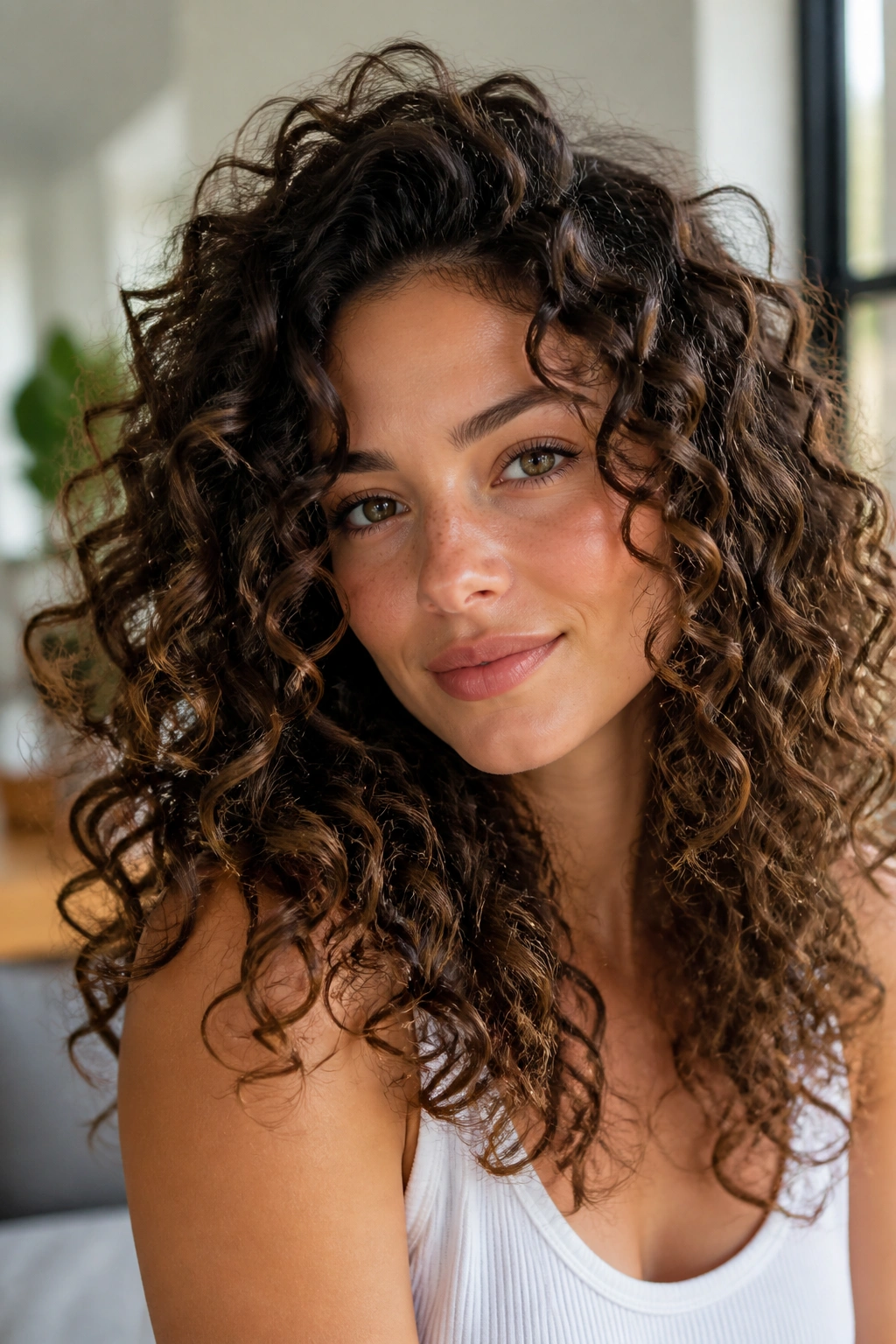 Close-up of a real woman's gel-cast curls with soft separation in bright room