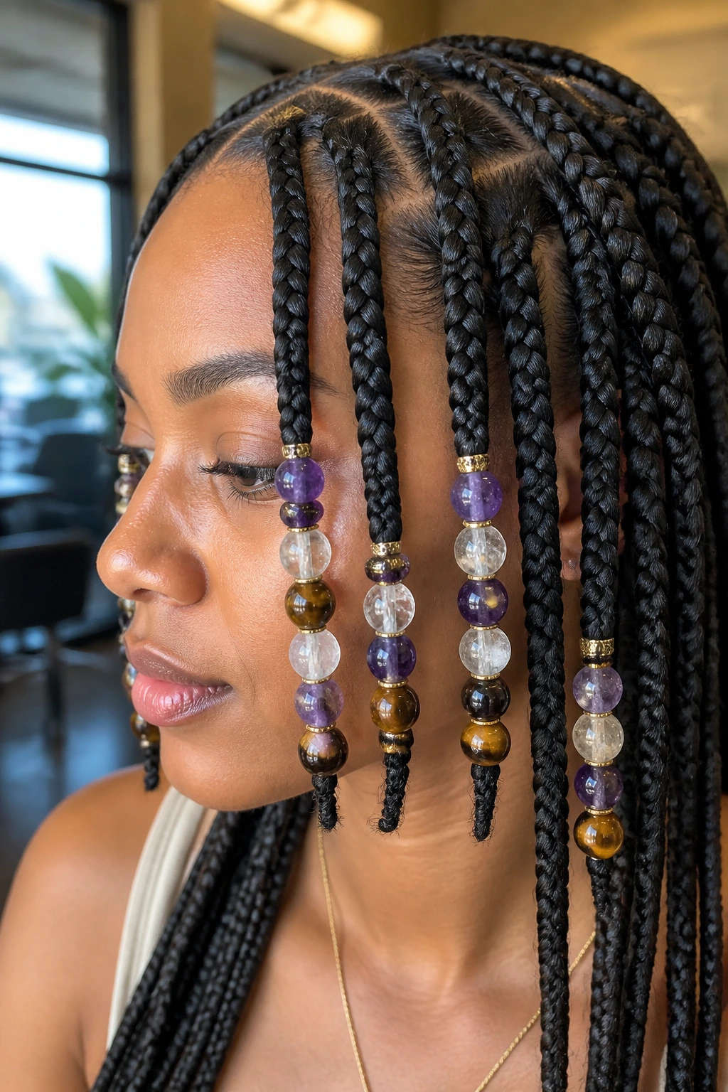 Close-up of real person with box braids and gemstone beads on front strands.