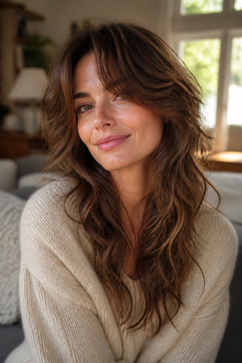 Close-up portrait of a real woman with a gentle wolf cut for wavy hair in a cozy room with warm window light