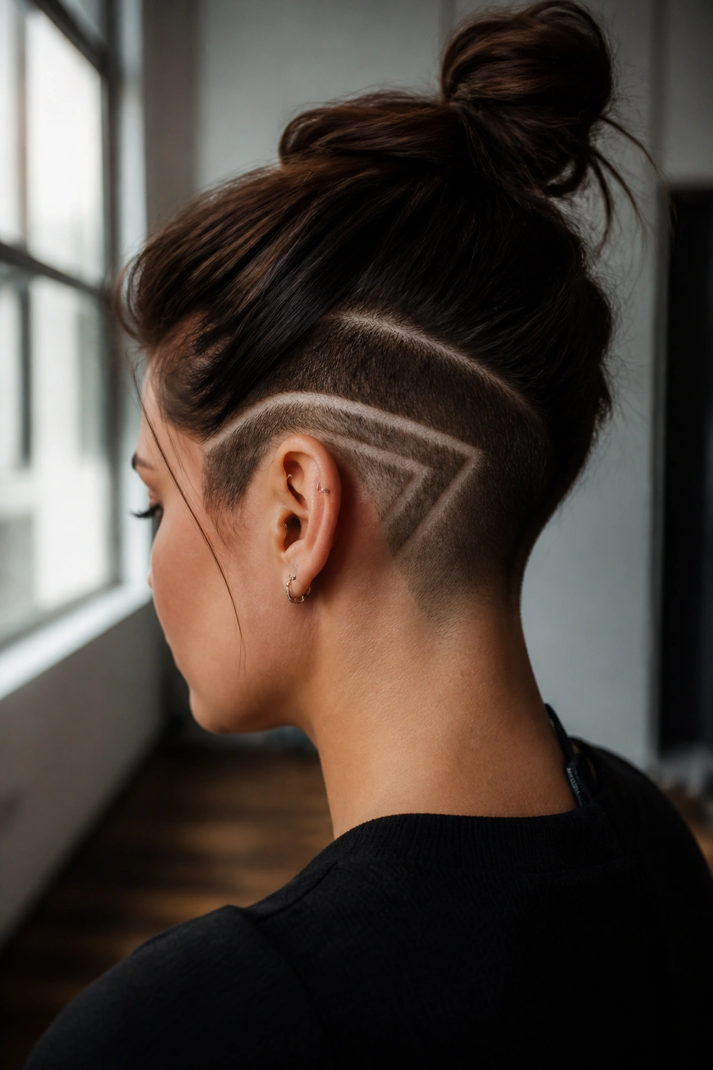 Close-up of a real woman with a geometric line shaved undercut showing a bold graphic detail