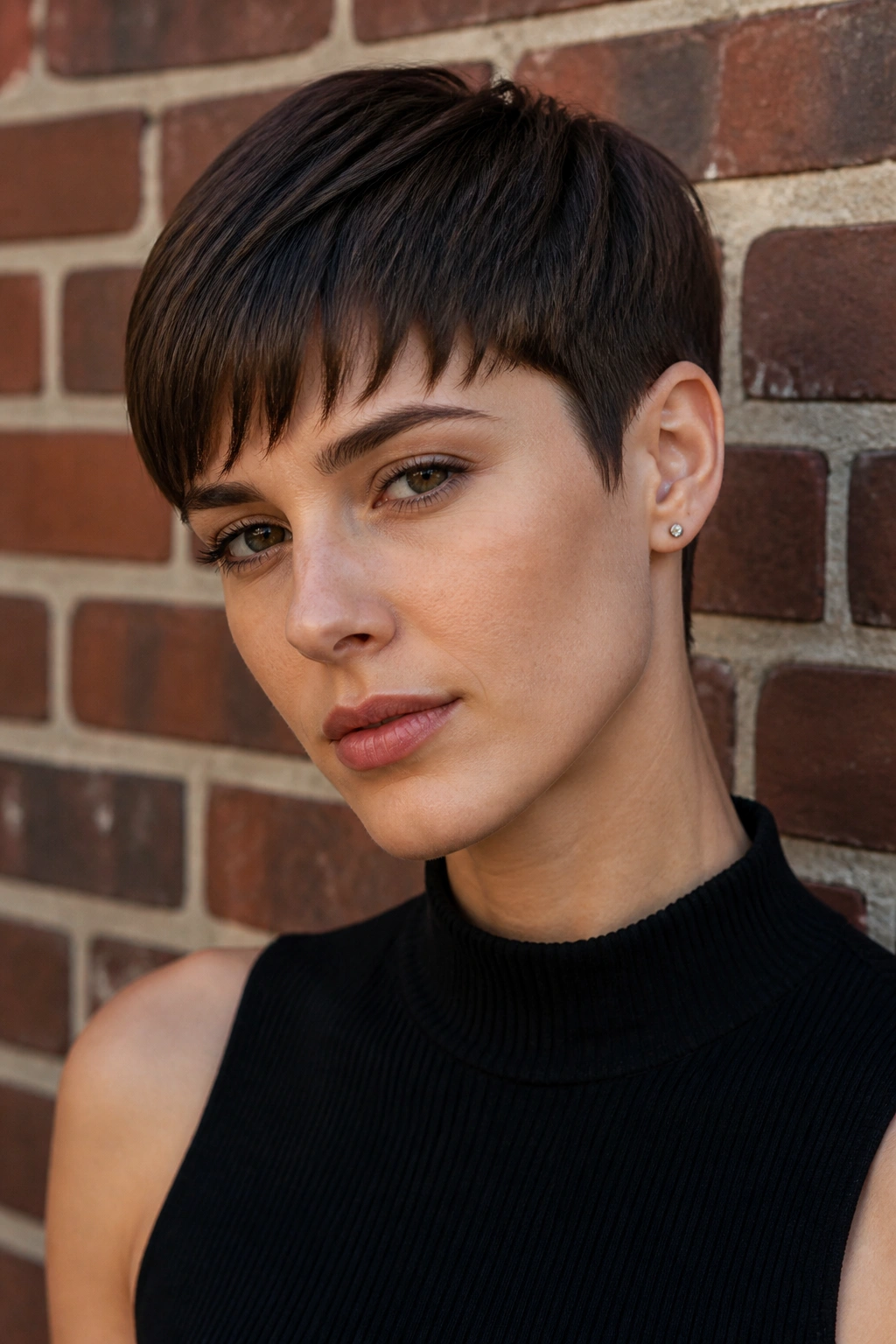 Portrait of a real woman with geometric pixie with clean lines against a brick wall.