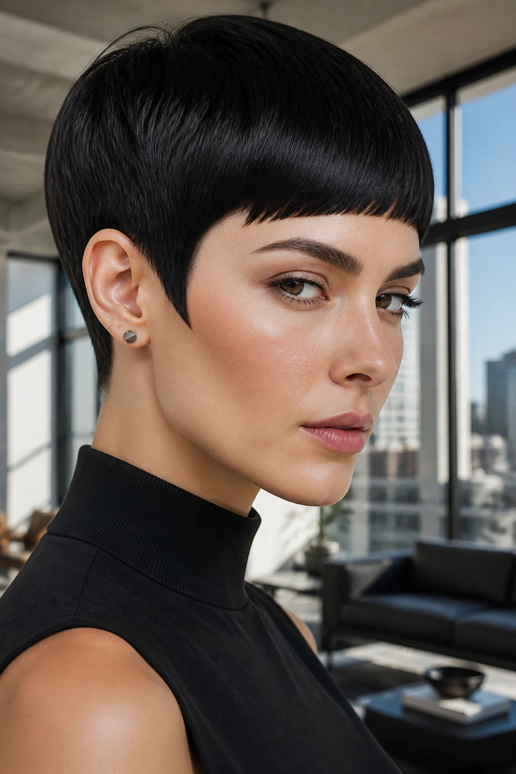 Close-up portrait of a real woman with a geometric sharp-cut pixie hairstyle and crisp edges.