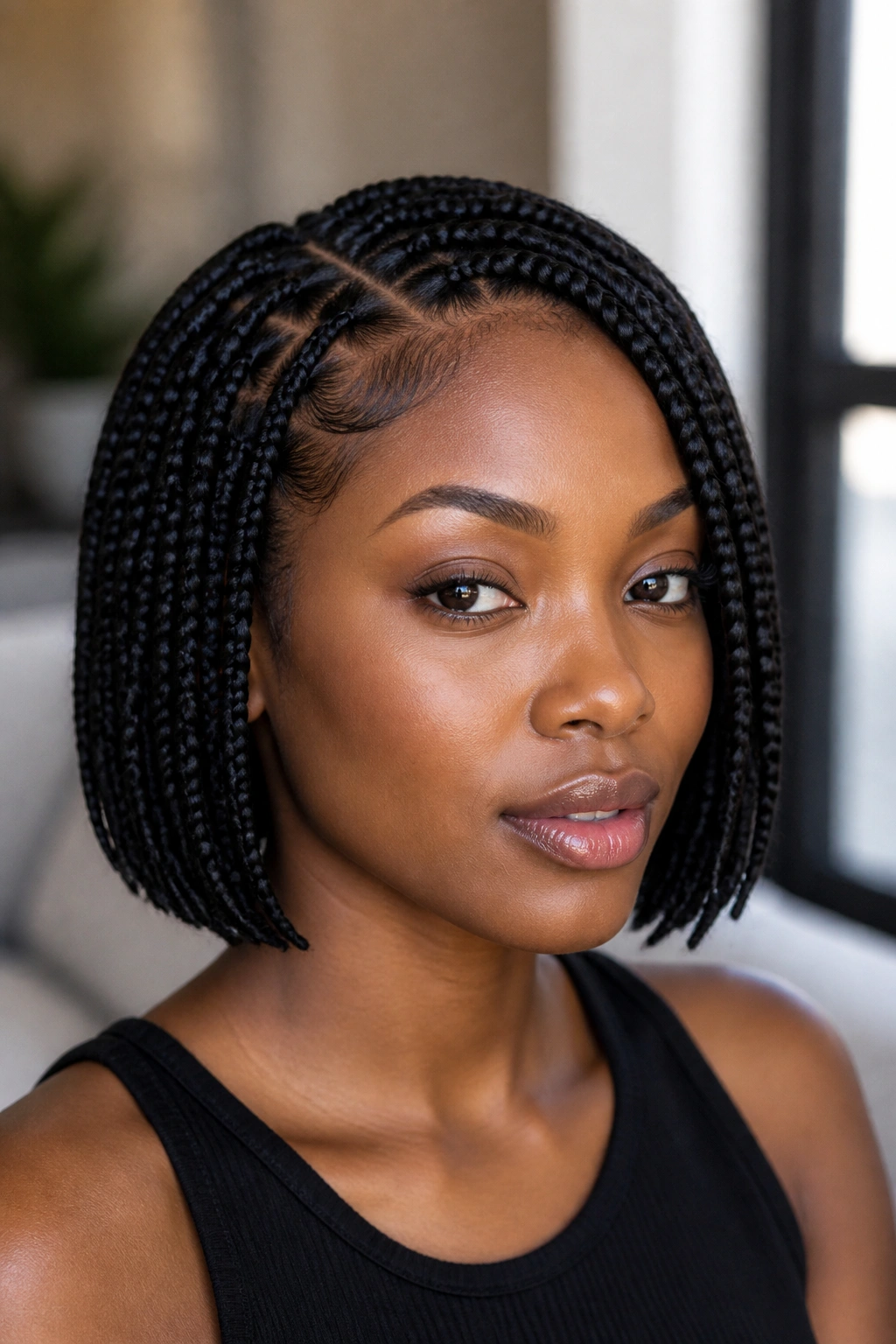 Real woman with a blunt Ghana braid bob silhouette