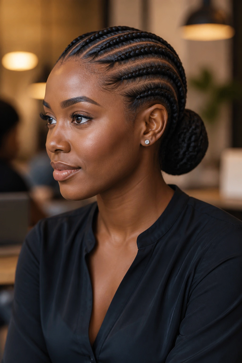 Woman with Ghana braid bun portrait