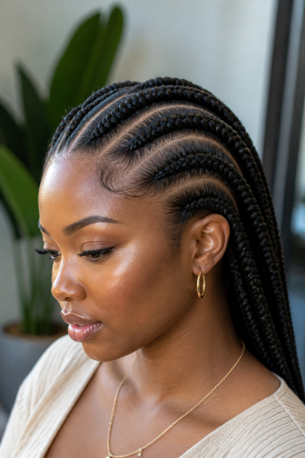 Close-up of real person with bold Ghana braids